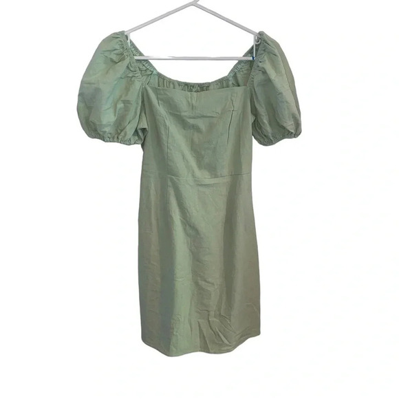 New Nasty Gal sage green puff sleeve Linen Look mini Cute Soft Girl Party Dress - Picture 2 of 8